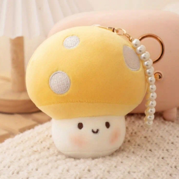 Yellow Cap mushroom plush keychain pearl handle gift cottagecore accessory - Picture 1 of 4